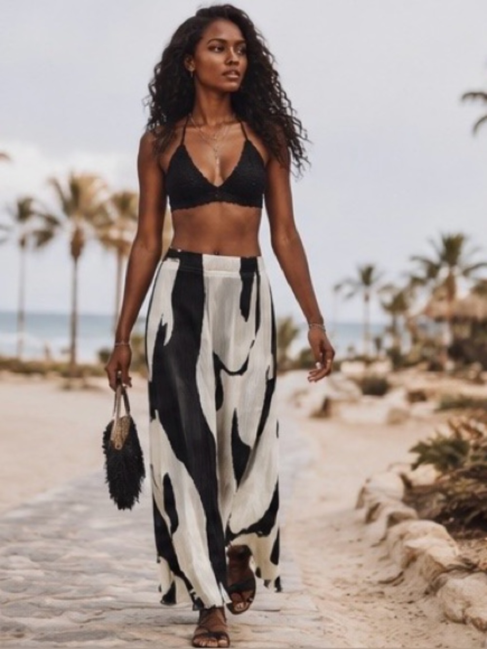 Endless Moon NWT Pleated Texture Maxi Skirt Black & Ivory Abstract Print